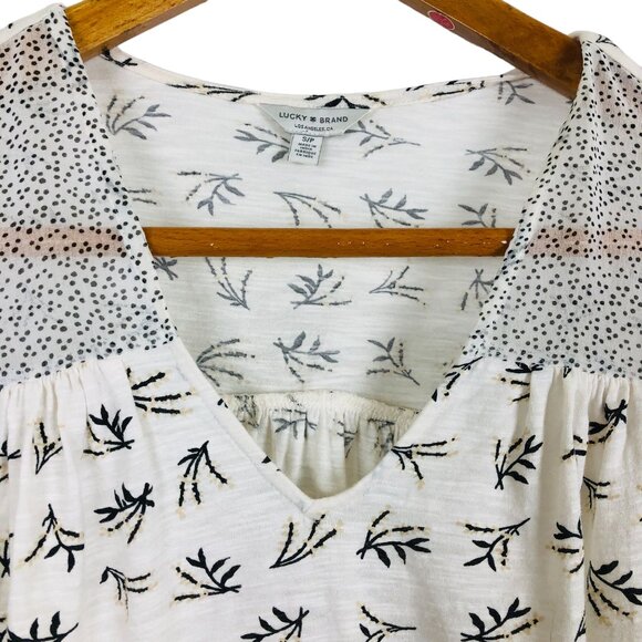 Lucky Brand Women's V-neck Top Sz Small Sheer Polka Dot Sleeves Floral Print - Picture 3 of 9